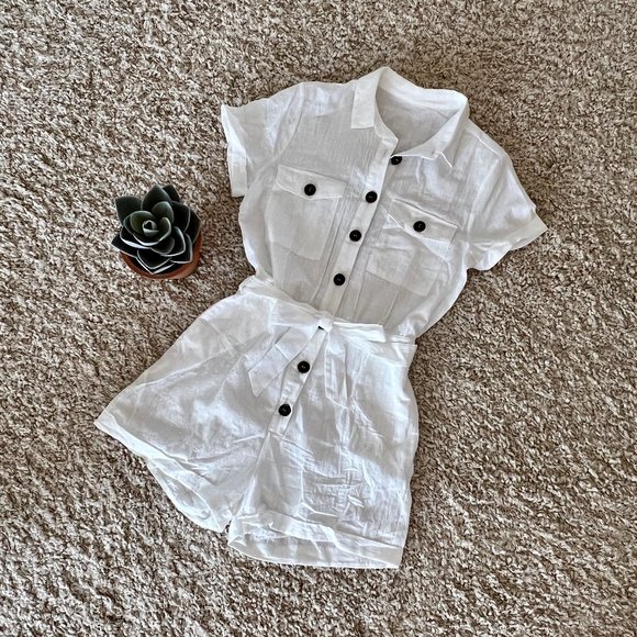 NWOT | Short Sleeve Button Down Belted Romper | Small | White - Picture 6 of 7